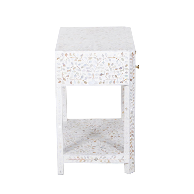 Mother of Pearl Inlay LARGE 1 Drawer Bedside Table with Shelf - White Floral