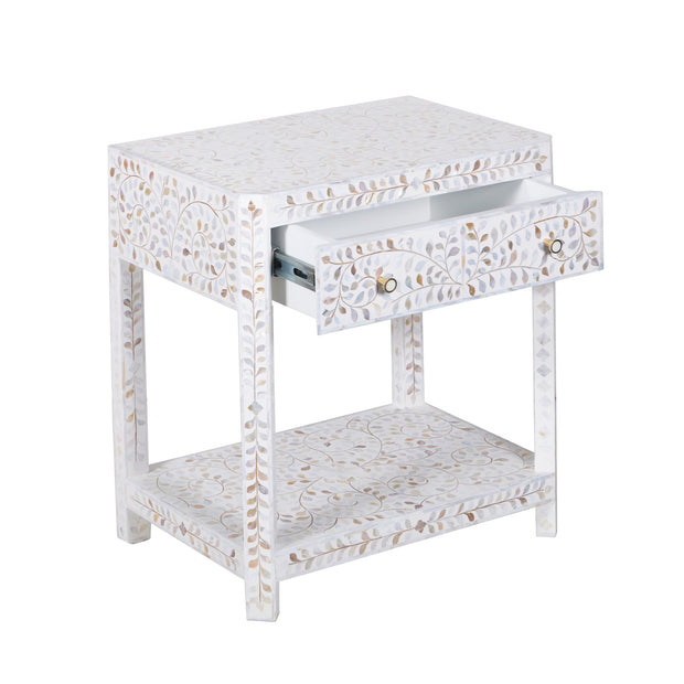 Mother of Pearl Inlay LARGE 1 Drawer Bedside Table with Shelf - White Floral