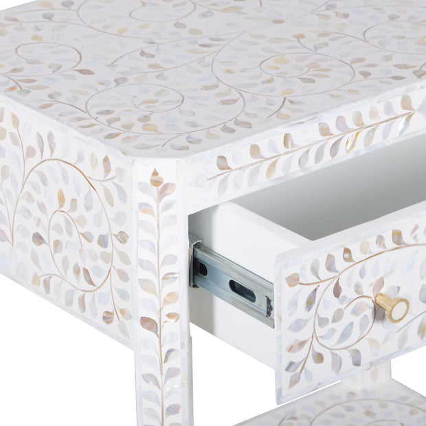 Mother of Pearl Inlay LARGE 1 Drawer Bedside Table with Shelf - White Floral