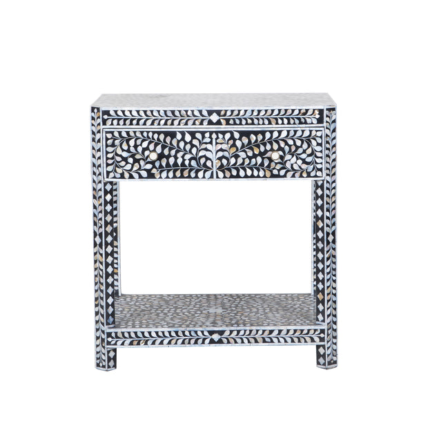 Mother of Pearl Inlay LARGE 1 Drawer Bedside Table with Shelf - Grey Floral