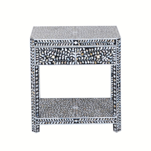 Mother of Pearl Inlay LARGE 1 Drawer Bedside Table with Shelf - Grey Floral