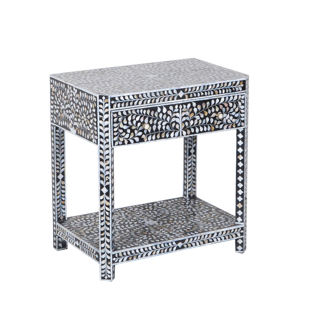 Mother of Pearl Inlay LARGE 1 Drawer Bedside Table with Shelf - Grey Floral