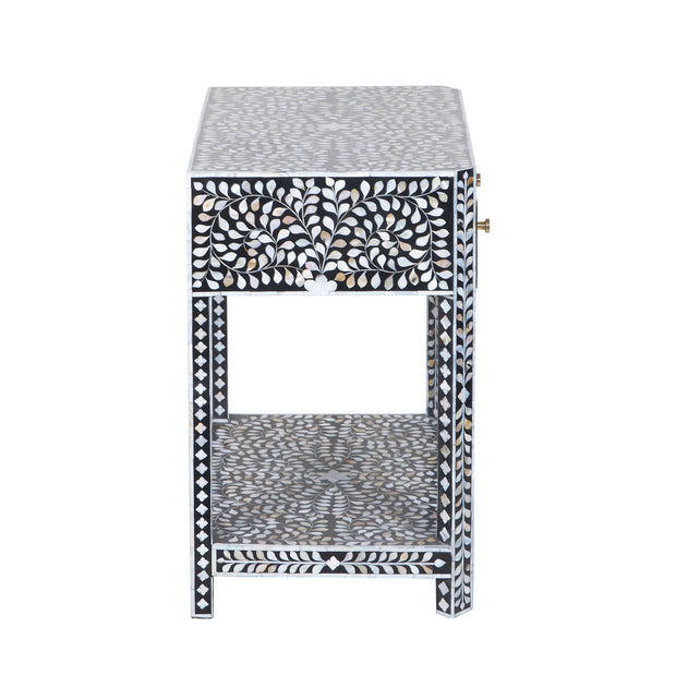 Mother of Pearl Inlay LARGE 1 Drawer Bedside Table with Shelf - Grey Floral