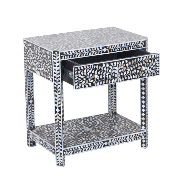Mother of Pearl Inlay LARGE 1 Drawer Bedside Table with Shelf - Grey Floral