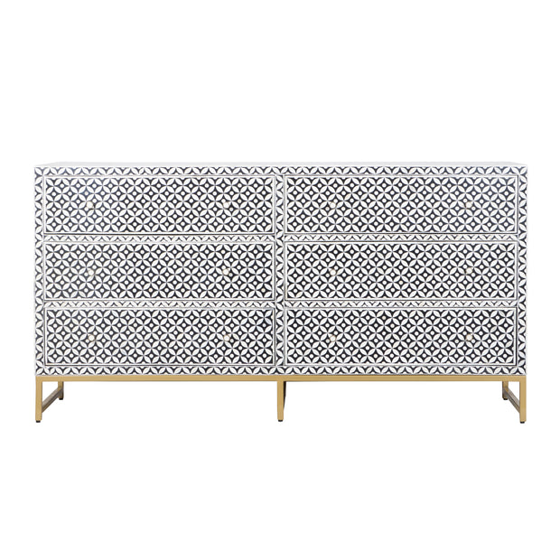 Bone Inlay Buffet 6 Drawer Chest of Drawers - Black Geometric