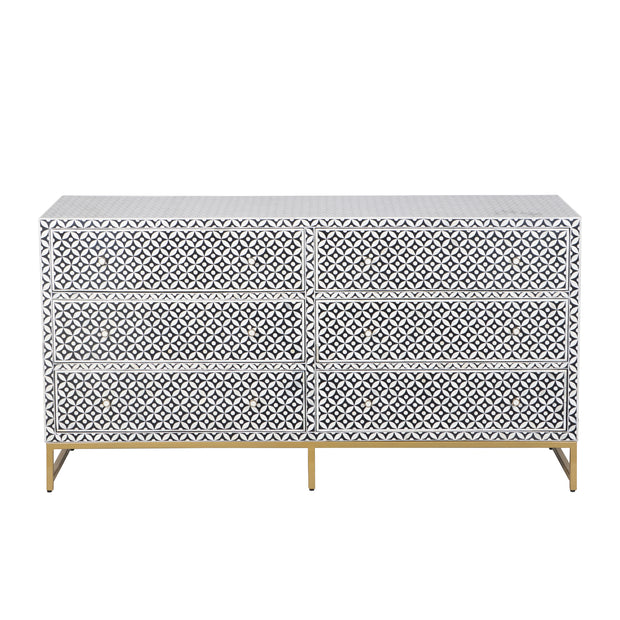 Bone Inlay Buffet 6 Drawer Chest of Drawers - Black Geometric