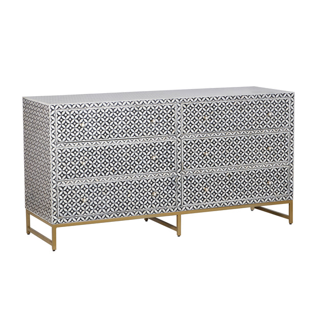 Bone Inlay Buffet 6 Drawer Chest of Drawers - Black Geometric