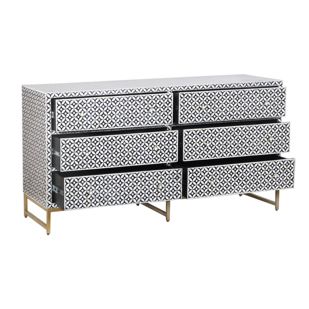 Bone Inlay Buffet 6 Drawer Chest of Drawers - Black Geometric