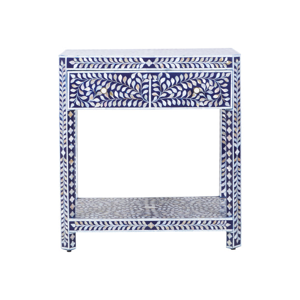 Mother of Pearl Inlay LARGE 1 Drawer Bedside Table with Shelf - Navy Blue Floral
