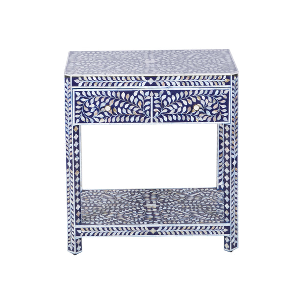 Mother of Pearl Inlay LARGE 1 Drawer Bedside Table with Shelf - Navy Blue Floral