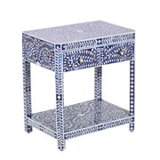 Mother of Pearl Inlay LARGE 1 Drawer Bedside Table with Shelf - Navy Blue Floral
