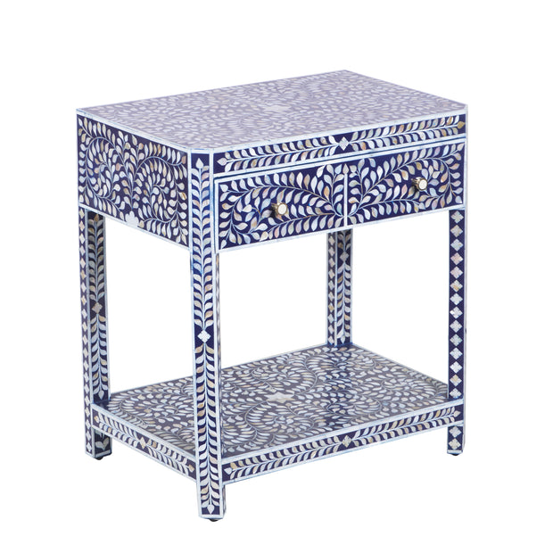 Mother of Pearl Inlay LARGE 1 Drawer Bedside Table with Shelf - Navy Blue Floral