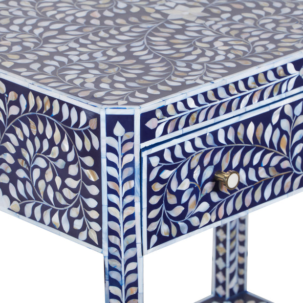 Mother of Pearl Inlay LARGE 1 Drawer Bedside Table with Shelf - Navy Blue Floral