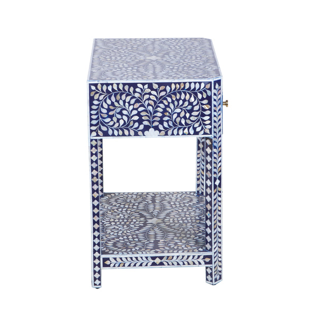 Mother of Pearl Inlay LARGE 1 Drawer Bedside Table with Shelf - Navy Blue Floral