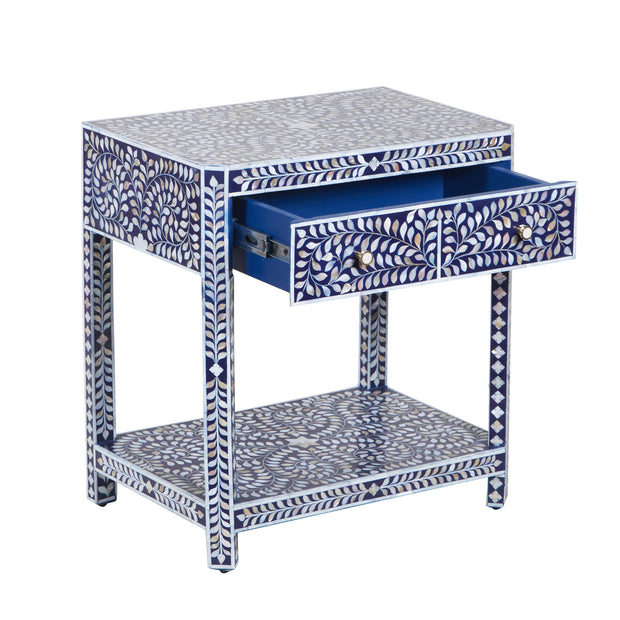 Mother of Pearl Inlay LARGE 1 Drawer Bedside Table with Shelf - Navy Blue Floral
