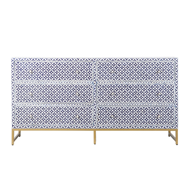 Bone Inlay Buffet 6 Drawer Chest of Drawers - Navy Blue Geometric