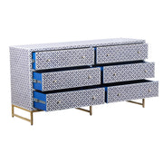 Bone Inlay Buffet 6 Drawer Chest of Drawers - Navy Blue Geometric