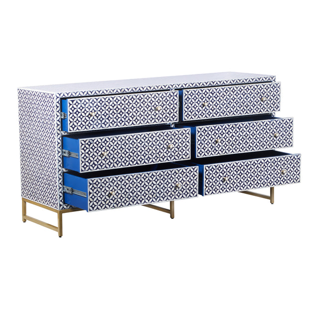 Bone Inlay Buffet 6 Drawer Chest of Drawers - Navy Blue Geometric