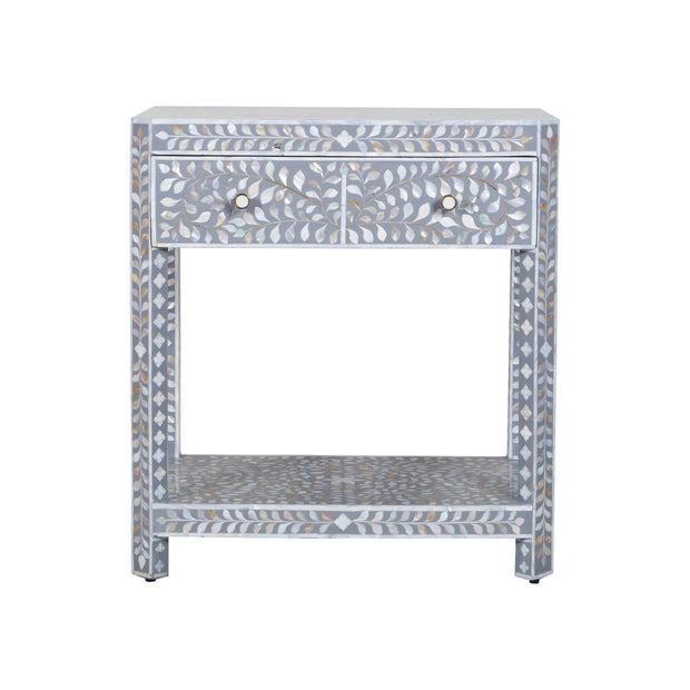 Mother of Pearl Inlay LARGE 1 Drawer Bedside Table with Shelf - Grey Floral