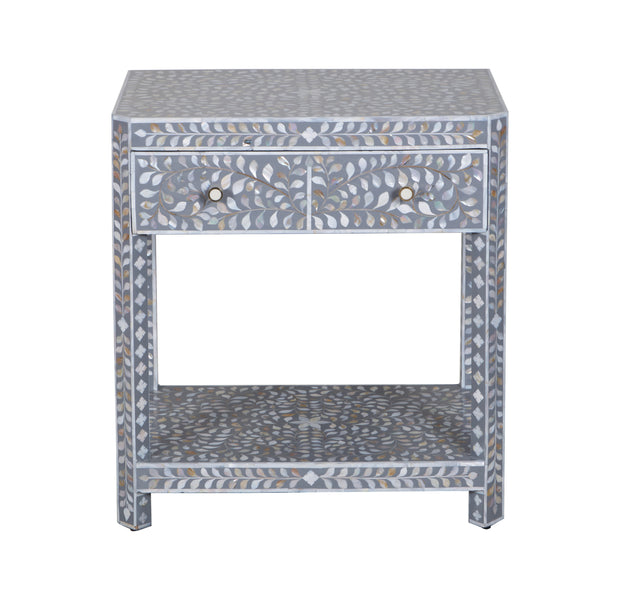 Mother of Pearl Inlay LARGE 1 Drawer Bedside Table with Shelf - Grey Floral