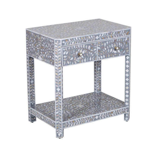 Mother of Pearl Inlay LARGE 1 Drawer Bedside Table with Shelf - Grey Floral