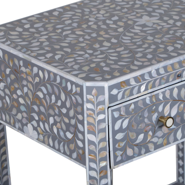 Mother of Pearl Inlay LARGE 1 Drawer Bedside Table with Shelf - Grey Floral