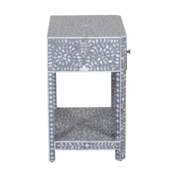 Mother of Pearl Inlay LARGE 1 Drawer Bedside Table with Shelf - Grey Floral