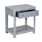Mother of Pearl Inlay LARGE 1 Drawer Bedside Table with Shelf - Grey Floral