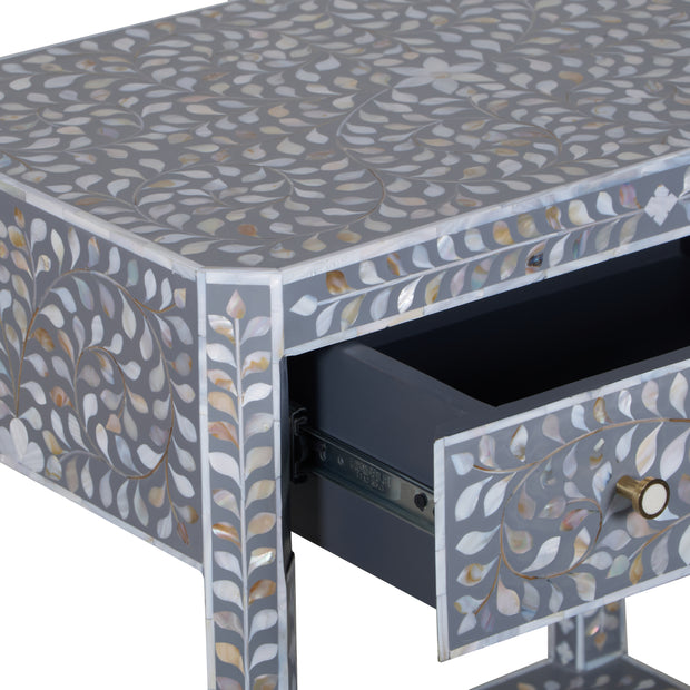 Mother of Pearl Inlay LARGE 1 Drawer Bedside Table with Shelf - Grey Floral