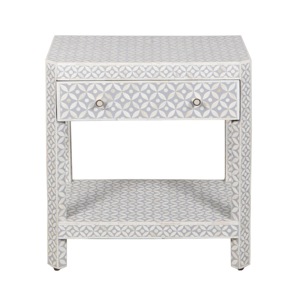 Bone Inlay LARGE 1 Drawer Bedside Table with Shelf - Grey Geometric