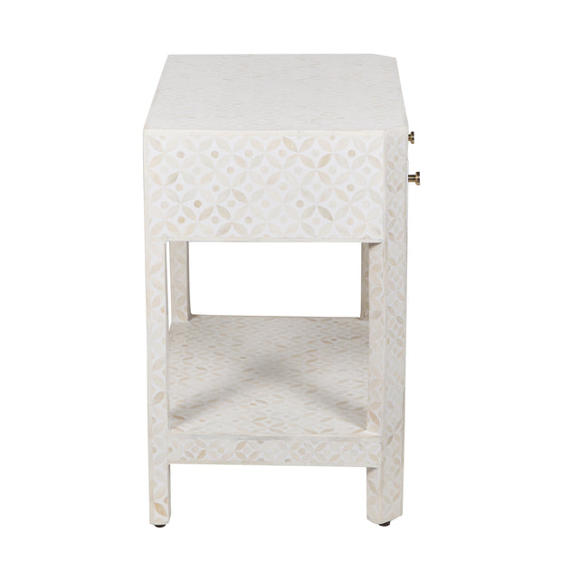 Bone Inlay LARGE 1 Drawer Bedside Table with Shelf - White Geometric