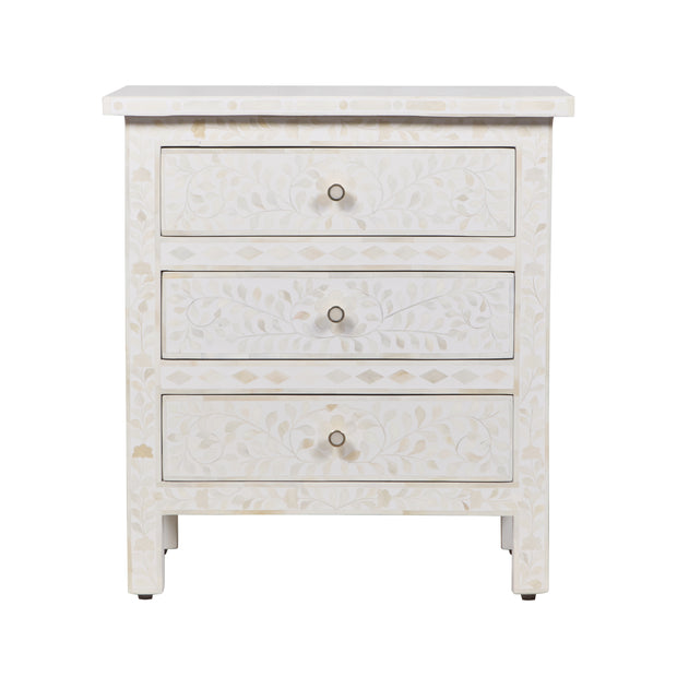 Bone Inlay Large 3 Drawer Bedside - White Floral - Abacus and Hunt
