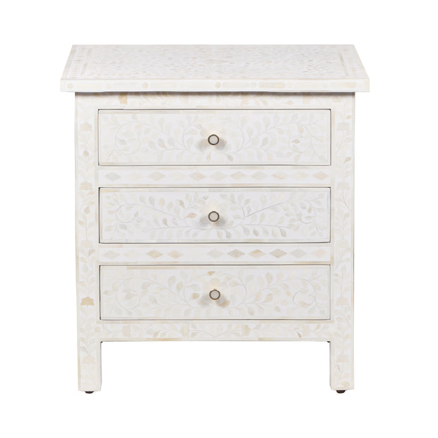 Bone Inlay Large 3 Drawer Bedside - White Floral - Abacus and Hunt