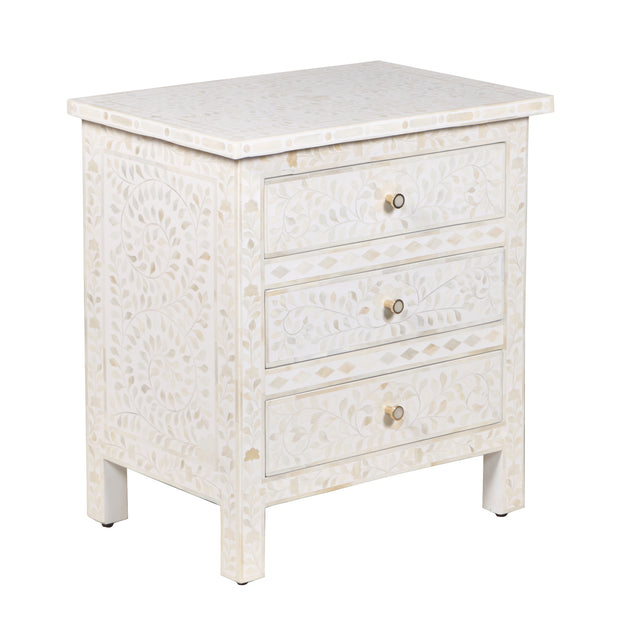 Bone Inlay Large 3 Drawer Bedside - White Floral - Abacus and Hunt