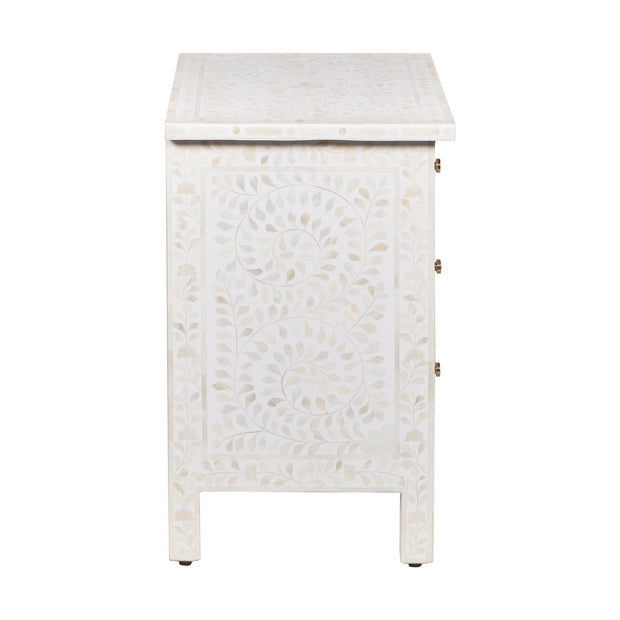 Bone Inlay Large 3 Drawer Bedside - White Floral - Abacus and Hunt
