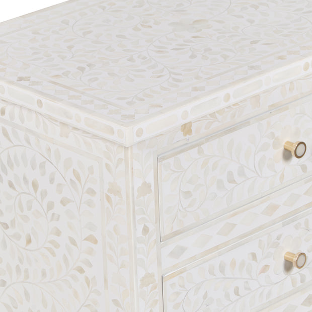 Bone Inlay Large 3 Drawer Bedside - White Floral - Abacus and Hunt