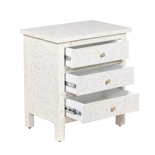 Bone Inlay Large 3 Drawer Bedside - White Floral - Abacus and Hunt
