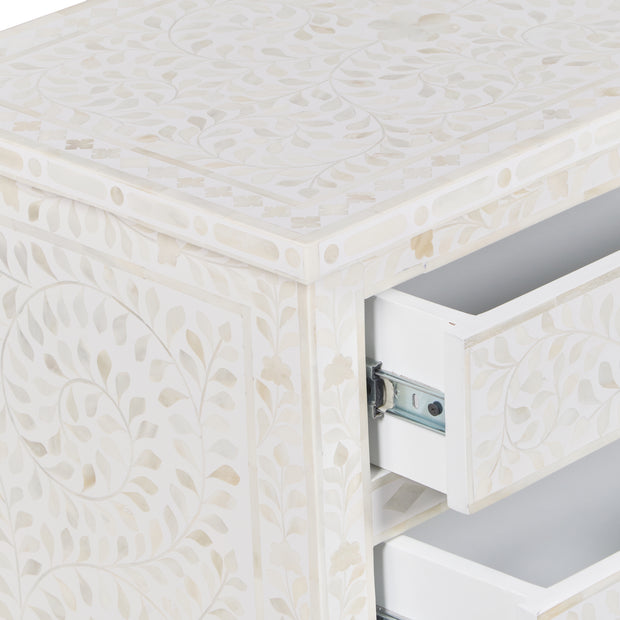 Bone Inlay Large 3 Drawer Bedside - White Floral - Abacus and Hunt