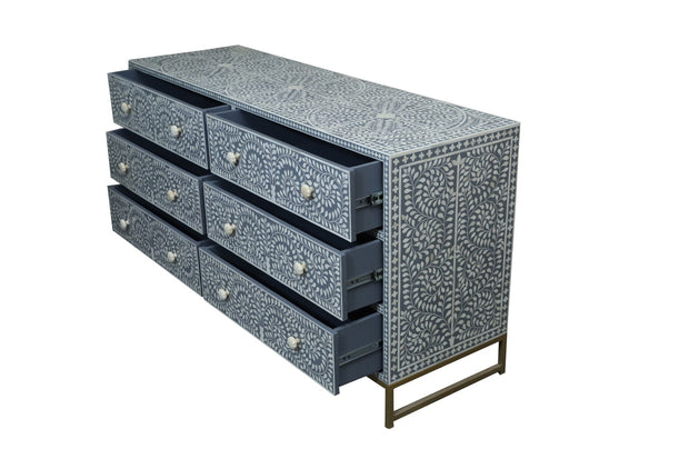 Bone Inlay Buffet 6 Drawer Chest of Drawers - Dark Grey Floral Scroll