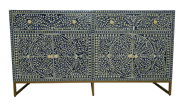 Bone Inlay Buffet Chest of Drawers -Navy Blue Floral Scroll