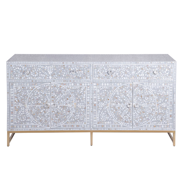 Mother of Pearl Inlay Buffet / Chest of Drawers - Light Grey Floral Scroll