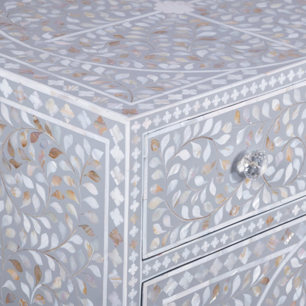 Mother of Pearl Inlay Buffet / Chest of Drawers - Light Grey Floral Scroll