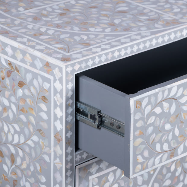 Mother of Pearl Inlay Buffet / Chest of Drawers - Light Grey Floral Scroll