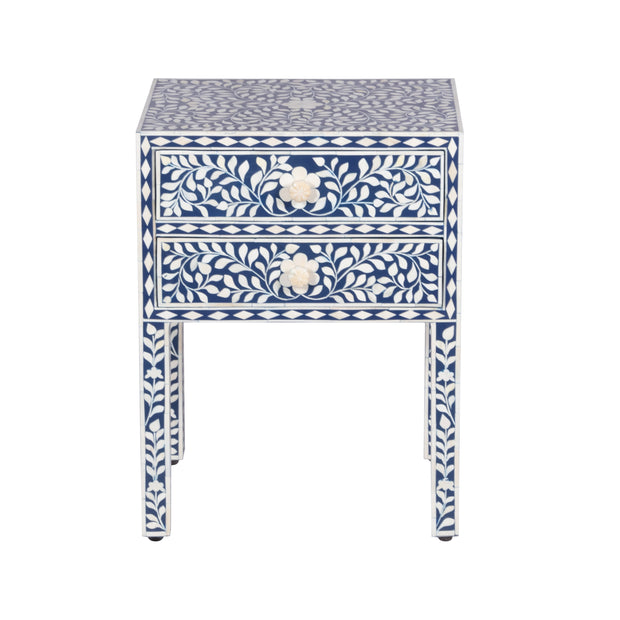 Bone Inlay Bedside, 2 Draw - Indigo Blue Floral