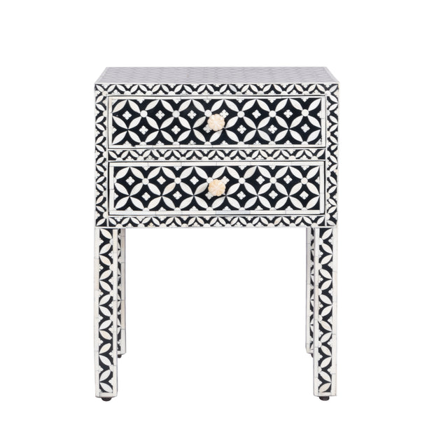 Bone Inlay Bedside Table with 2 Drawers -  Black Geometric - Abacus and Hunt