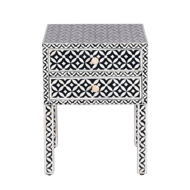 Bone Inlay Bedside Table with 2 Drawers -  Black Geometric - Abacus and Hunt
