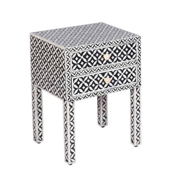Bone Inlay Bedside Table with 2 Drawers -  Black Geometric - Abacus and Hunt