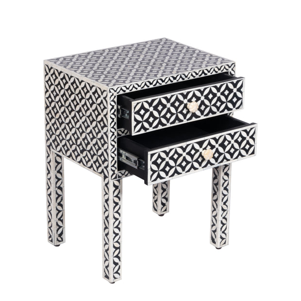Bone Inlay Bedside Table with 2 Drawers -  Black Geometric - Abacus and Hunt