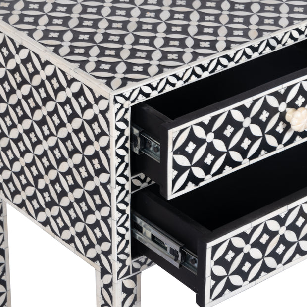 Bone Inlay Bedside Table with 2 Drawers -  Black Geometric - Abacus and Hunt