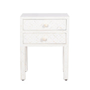 Bone Inlay Bedside Table 2 Drawers -  White Geometric